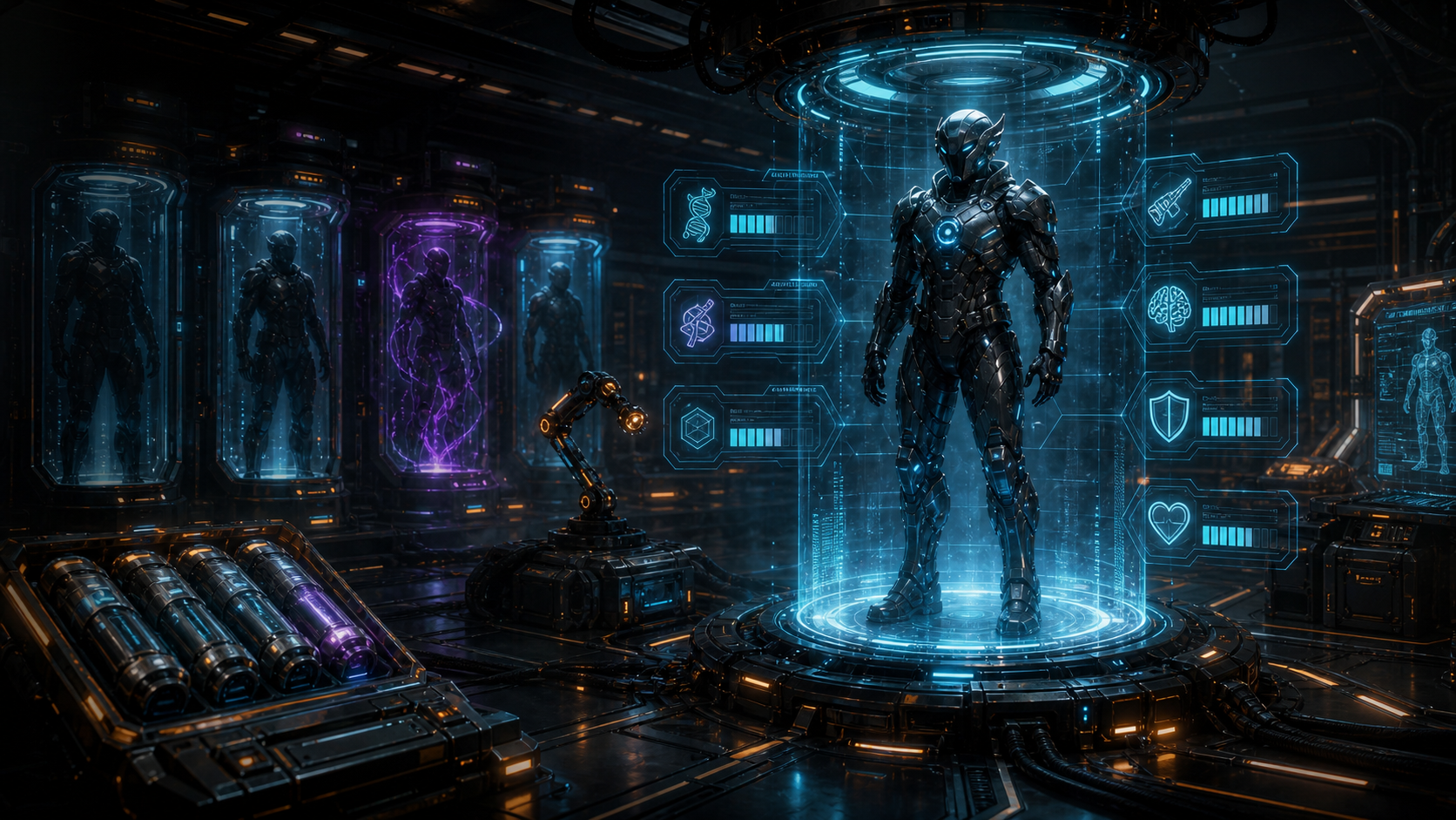 Clone augmentation lab with capsules, stat panels, and corrupted-energy clone chamber