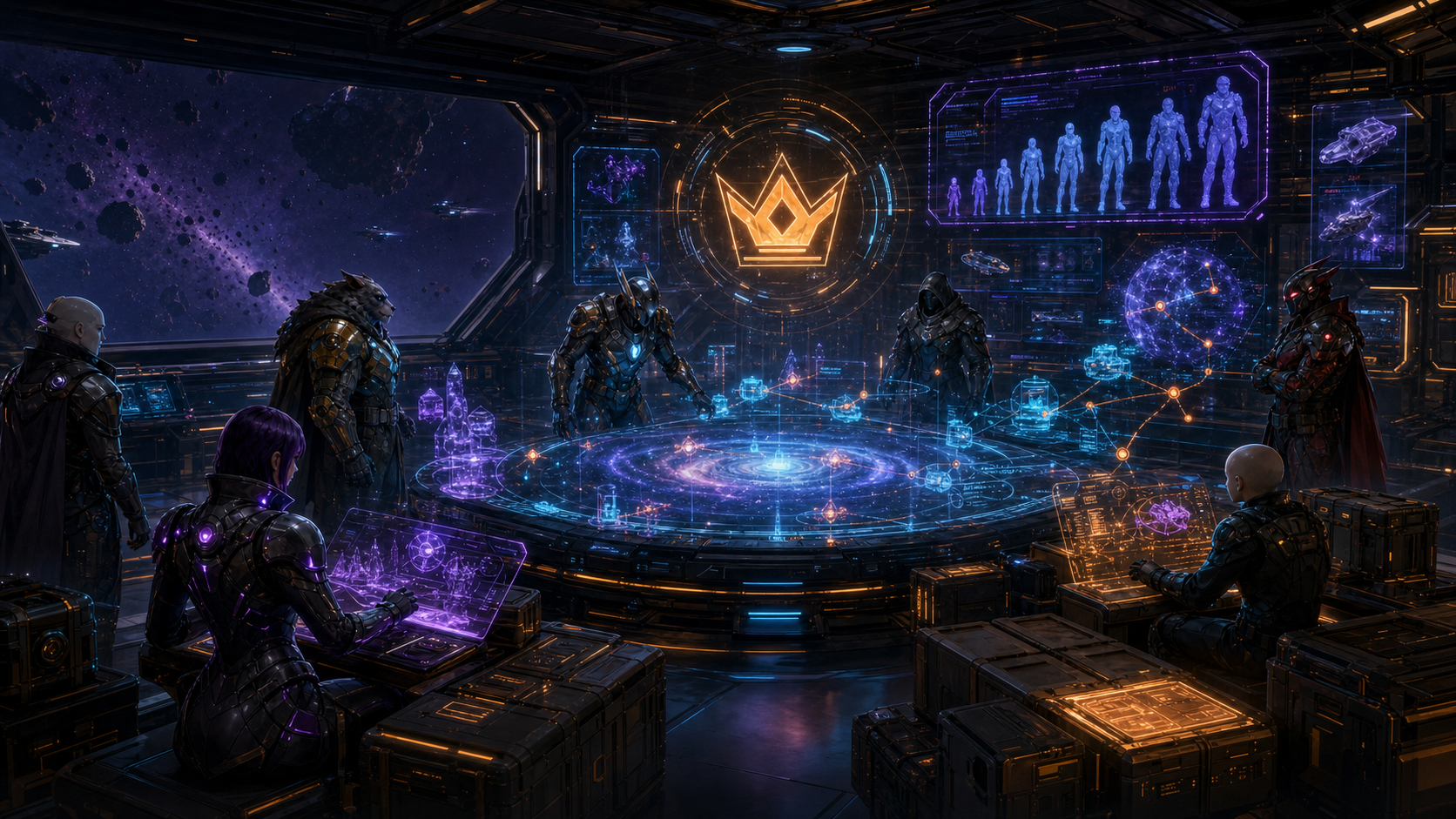 Misfit Galaxy economy command deck with $CROWN, clone, marketplace, and station-route holograms