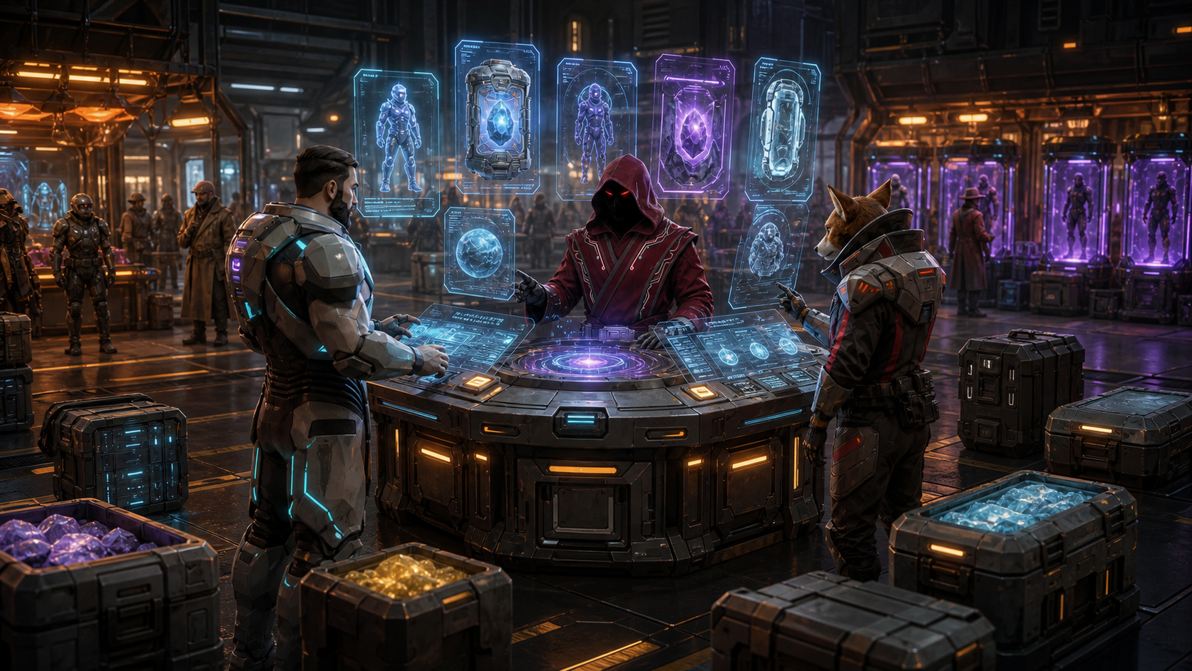 Misfit Galaxy marketplace exchange hall with holographic resource, capsule, and clone listings