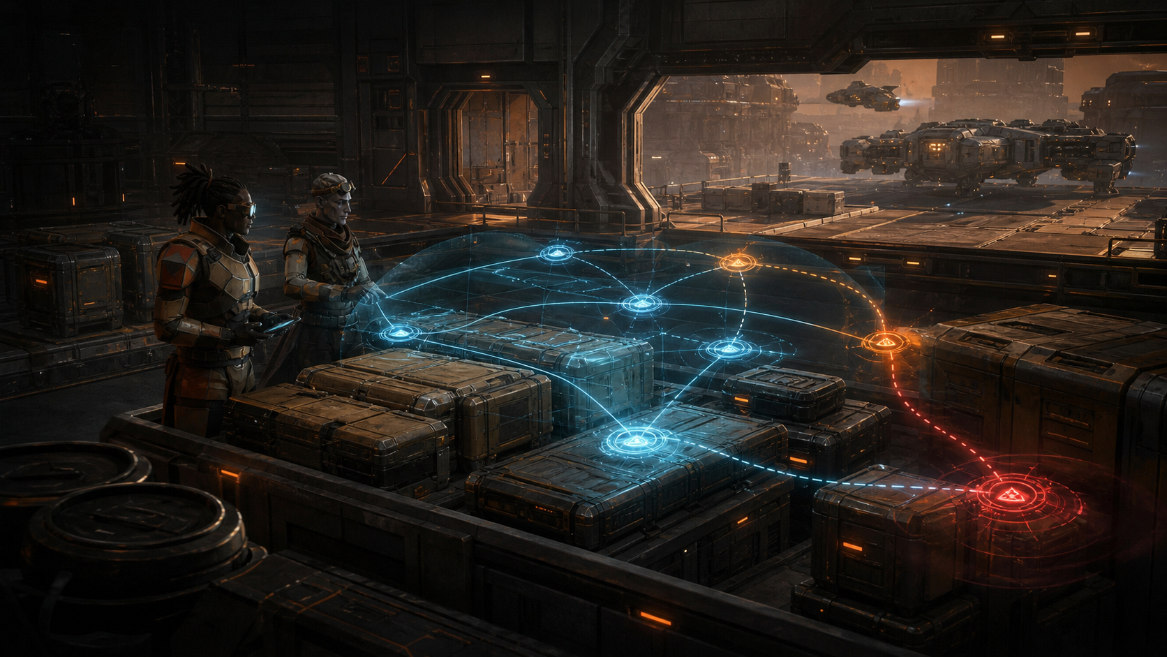 Port Authority cargo bay with trade contract route hologram and dangerous-route warning node