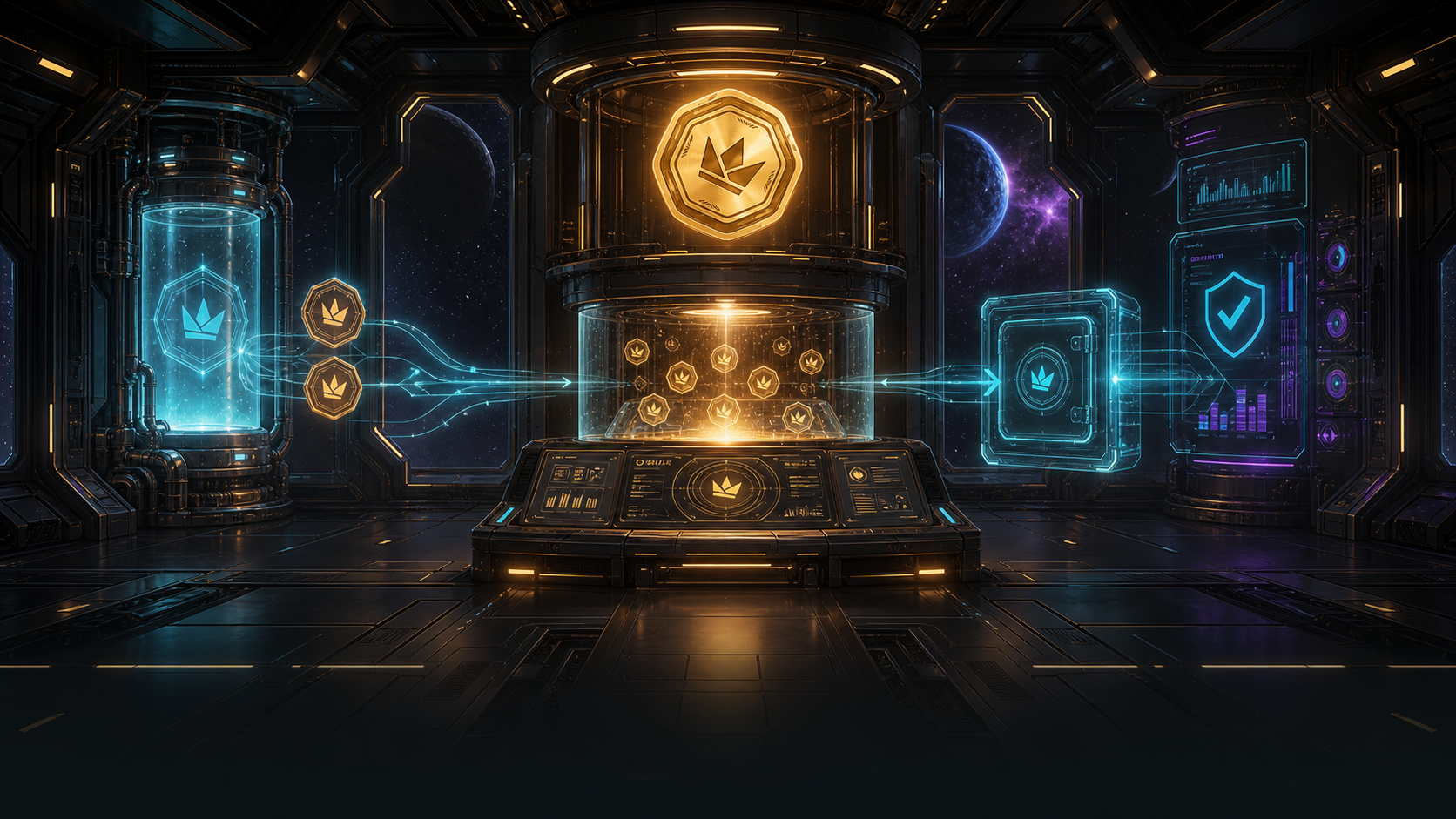 Sci-fi $CROWN treasury exchange console with Solana USDC reserve and withdrawal flow holograms
